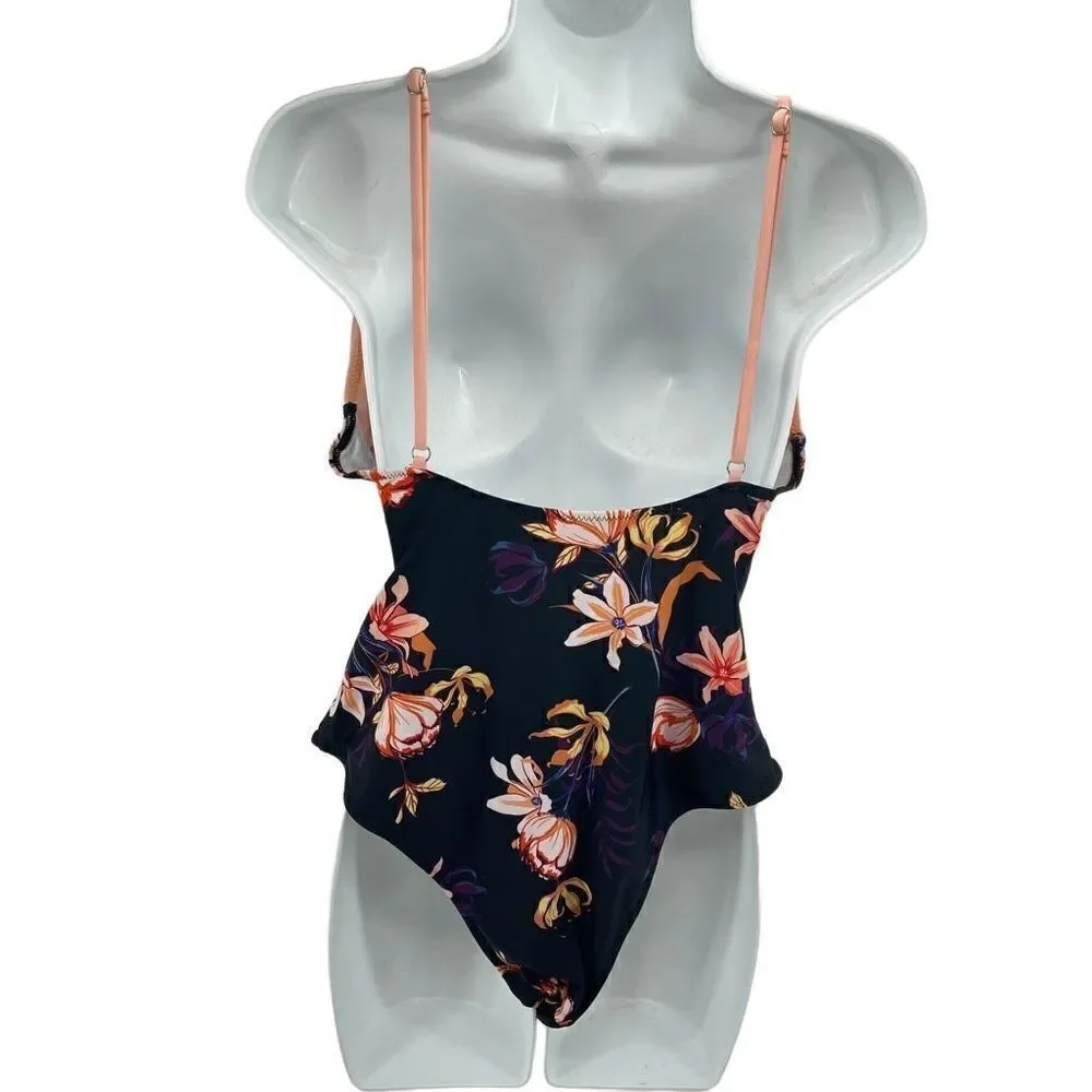 Cupshe Womens One Piece Swimsuit Cutout Front Tropical Pink Black Size XL